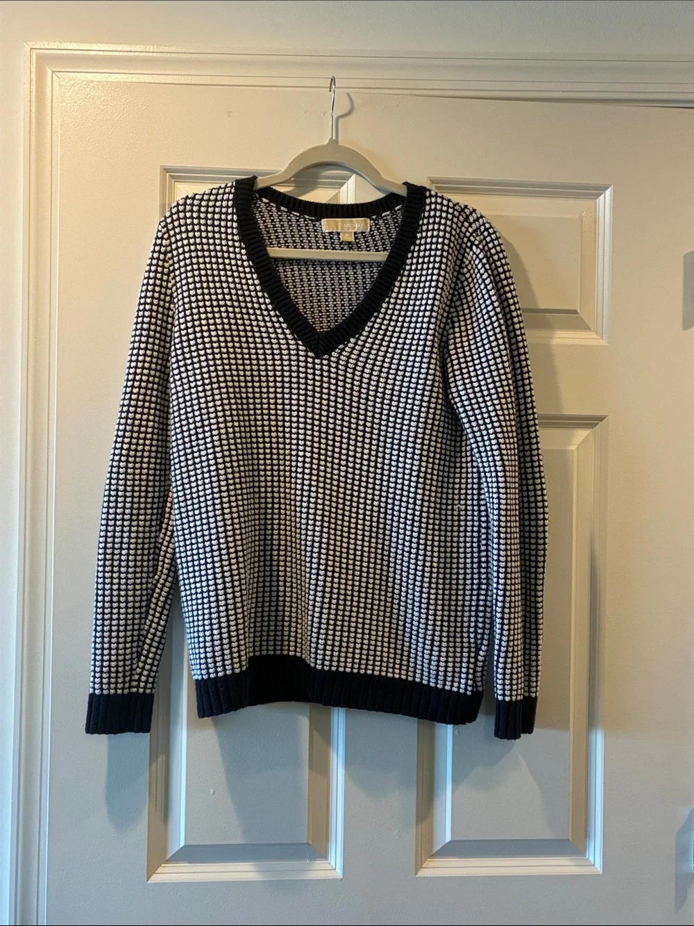 Michael Kors Black and White V-Neck Knit Sweater